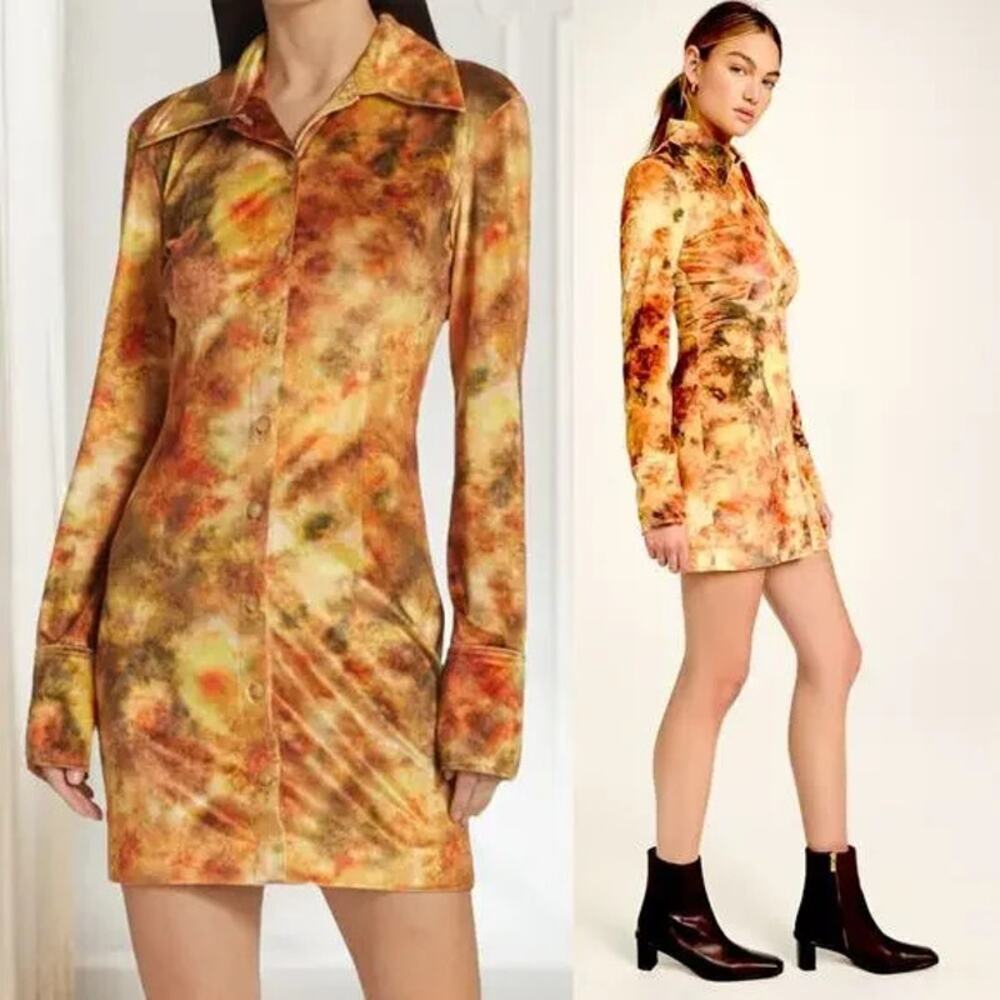 NANUSHKA Romee Dress Hazy Floral Orange Size Medium Mini Long Sleeve Watercolor